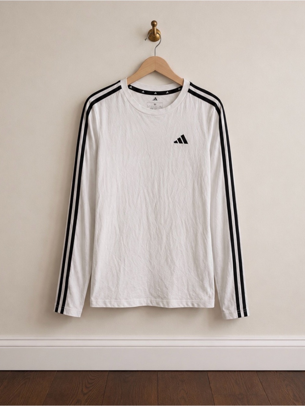 adidas White Long-Sleeve Tee with Black Three-Stripes